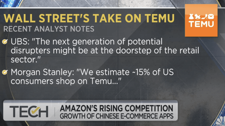 瑞银集团(UBS)认为 TEMU 可能会引发零售行业大变局,摩根士丹利(Morgen Stanley)估计约15%对美国消费者使用 TEMU 购物;图源:CNBC Television / YouTube 中国电商平台们,正在美国扮演鲶鱼