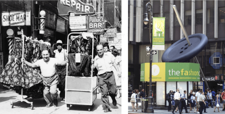 美国的服装区(Garment District),左图为1955年在人行道上拉着成衣架子的制造商,右图为2017年该区域的自助服务亭;图源:Wikimedia Commons 带群雁齐飞,SHEIN式品牌出海