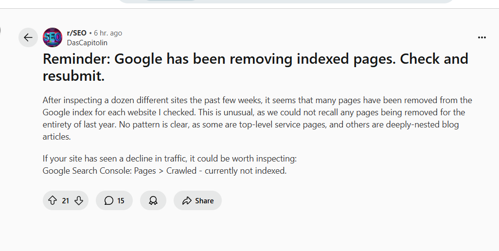 6月开始Google下掉了部分索引,哪些页面会受影响?