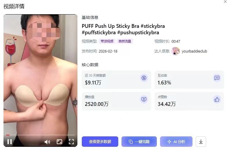 1.57亿播放!TikTok男士带货女性内衣入账478万