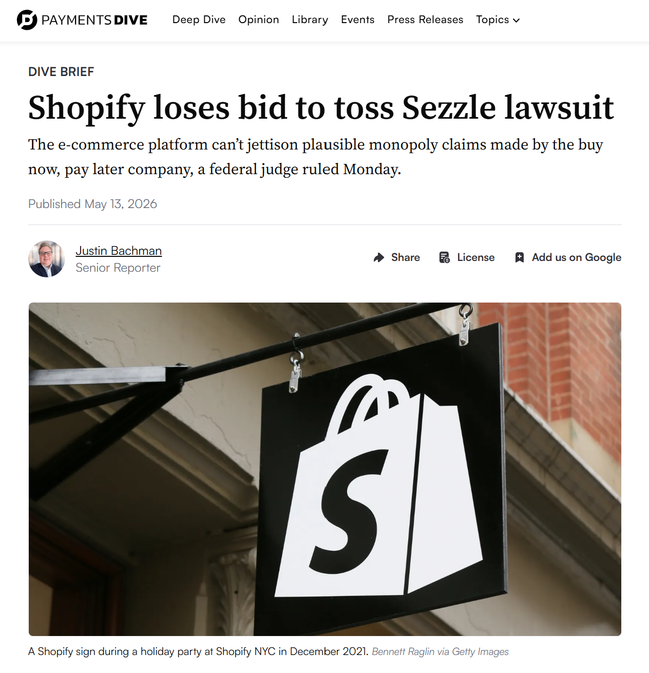 关键裁定落地,Sezzle诉Shopify垄断案进入实质审理阶段